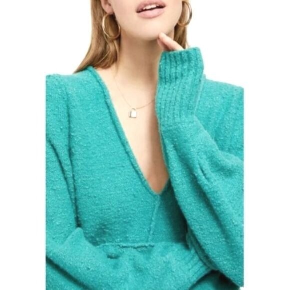 Free People Reverie V-Neck Sweater in Emerald Aura Sz S Cozy Boho Colorful - Picture 3 of 12